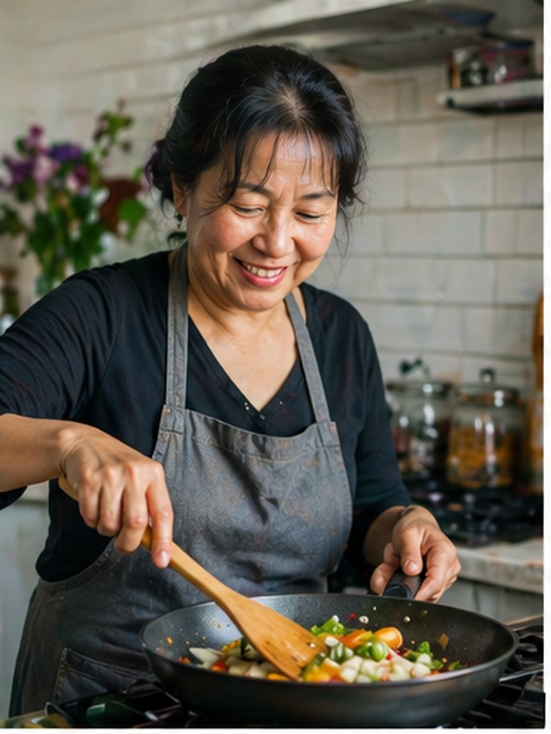 Home cook stir-frying vegetables in her kitchen