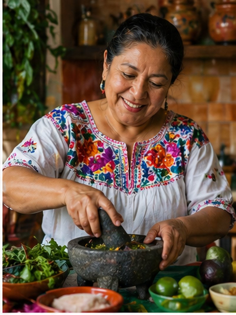 Home cook preparing salsa with a traditional molcajete