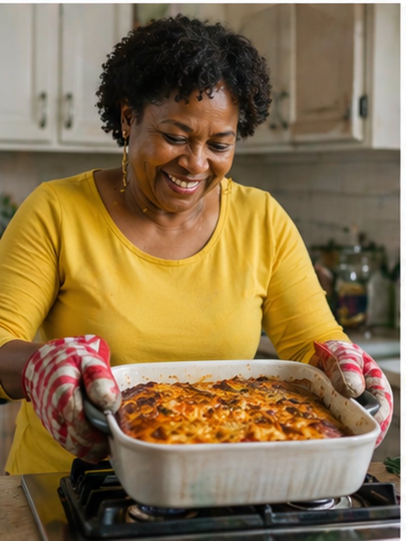 Home cook pulling a fresh casserole from the oven