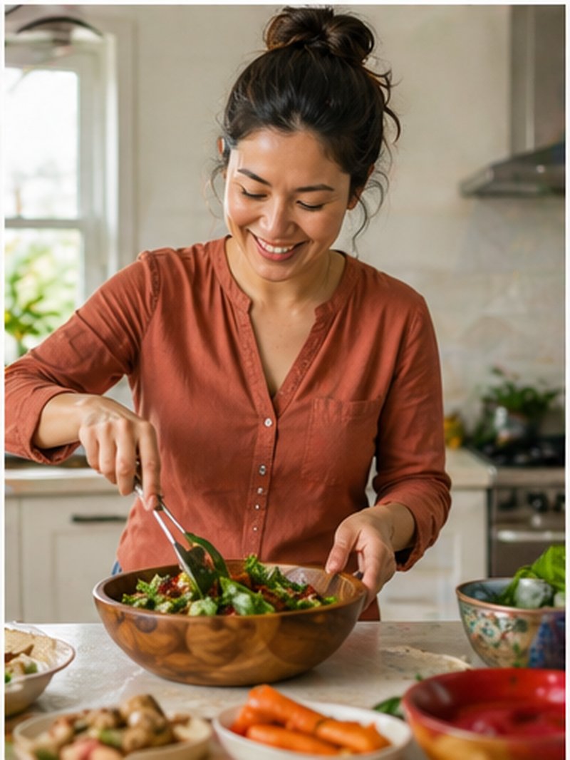 Home cook tossing a fresh salad in her kitchen