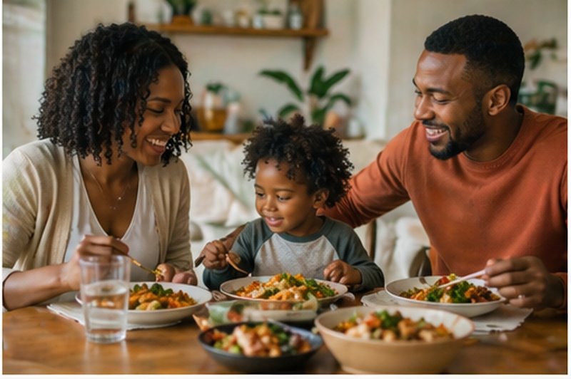 Family with young child sharing a home-cooked meal