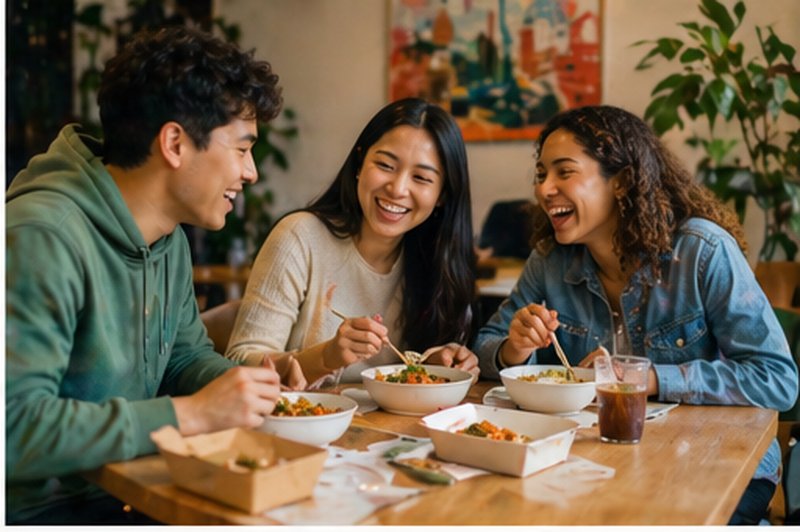 Three friends laughing over lunch together