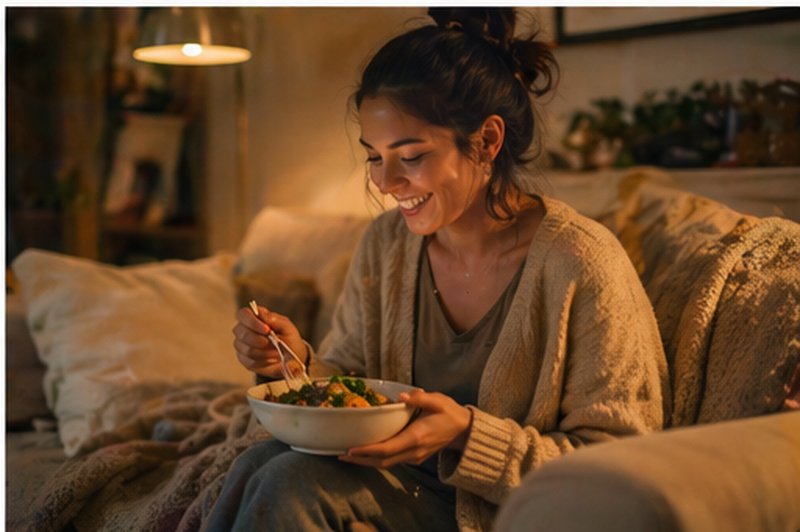 Woman enjoying a quiet meal at home on the couch